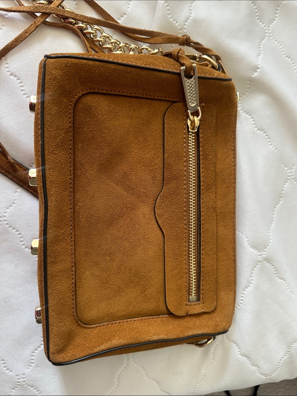 REBECCA MINKOFF Suede Crossbody Bag in Tan with Gold Hardware